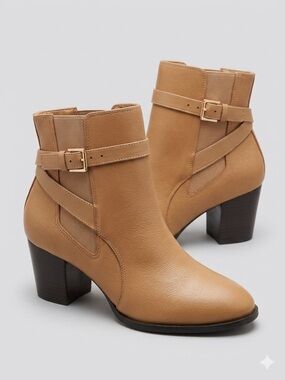 Jack Rogers Taylor Oak Tan Ankle Booties Block Heel Buckle Strap Chelsea Neutral